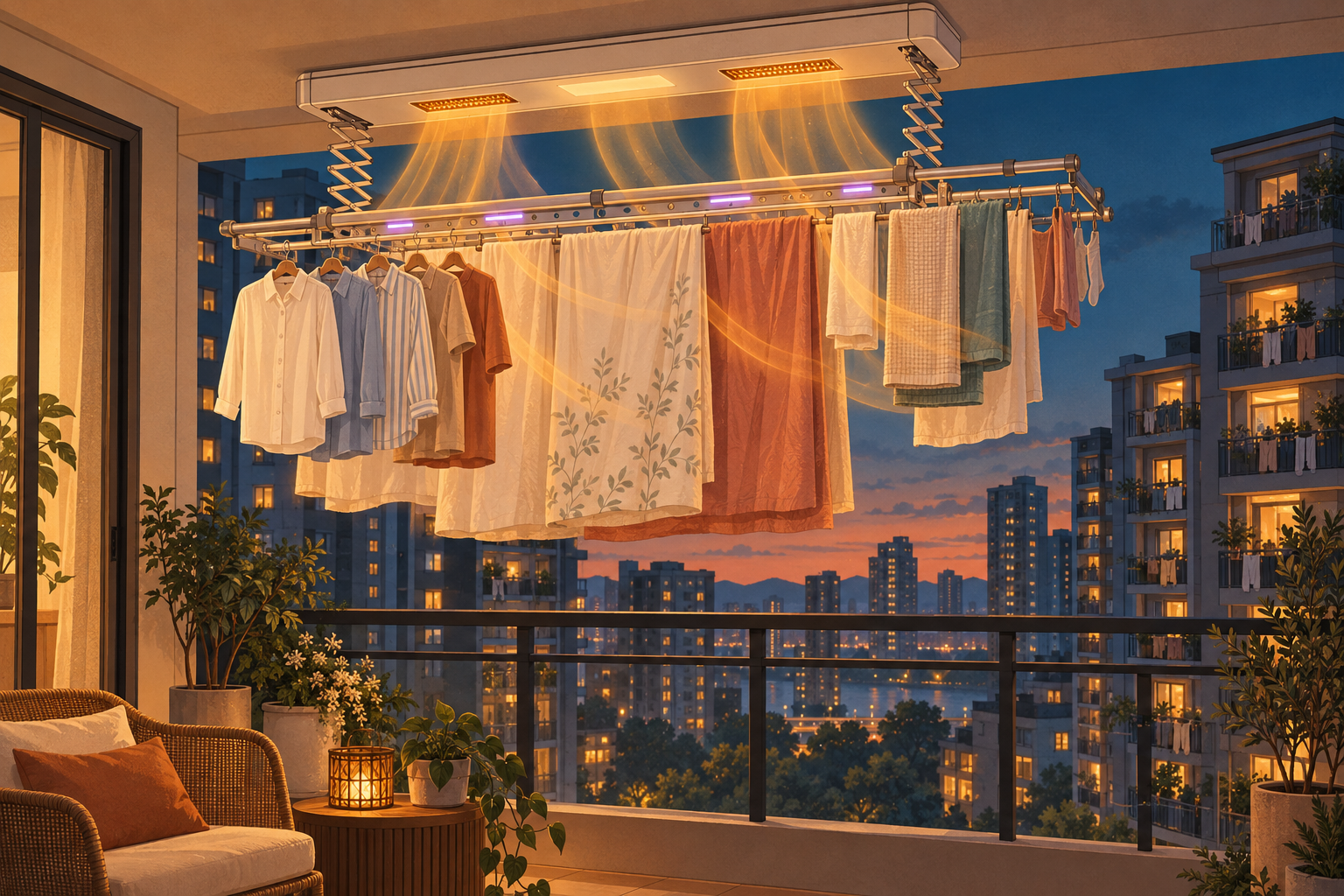 A Chinese apartment balcony at dusk with a motorized ceiling laundry rack lowered on scissor arms, laundry hanging in warm amber airflow with violet ultraviolet accents