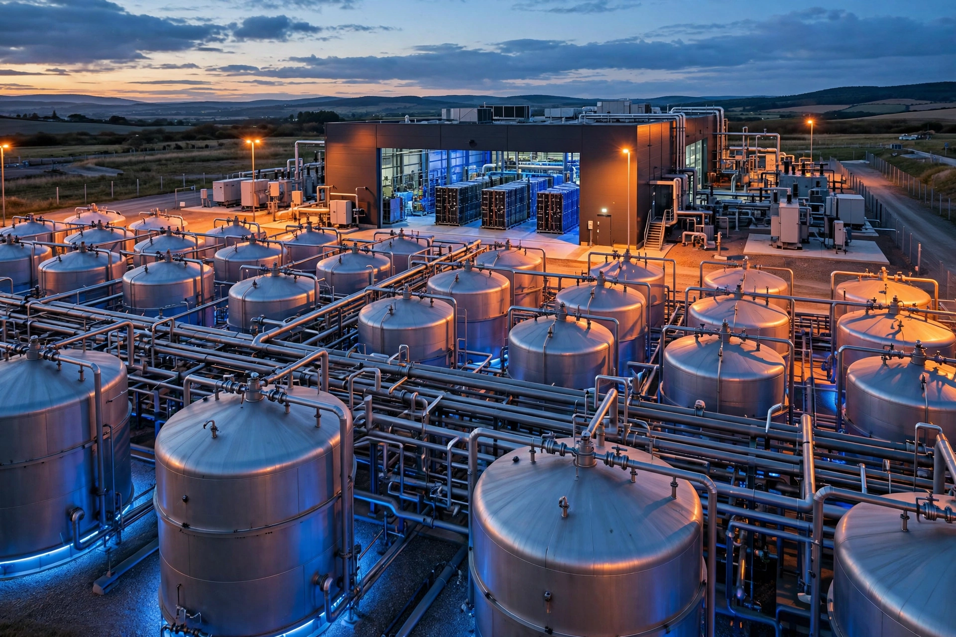 Grid-scale flow battery storage facility at dusk: rows of large cylindrical electrolyte tanks connected by steel pipes to an electrochemical cell stack building