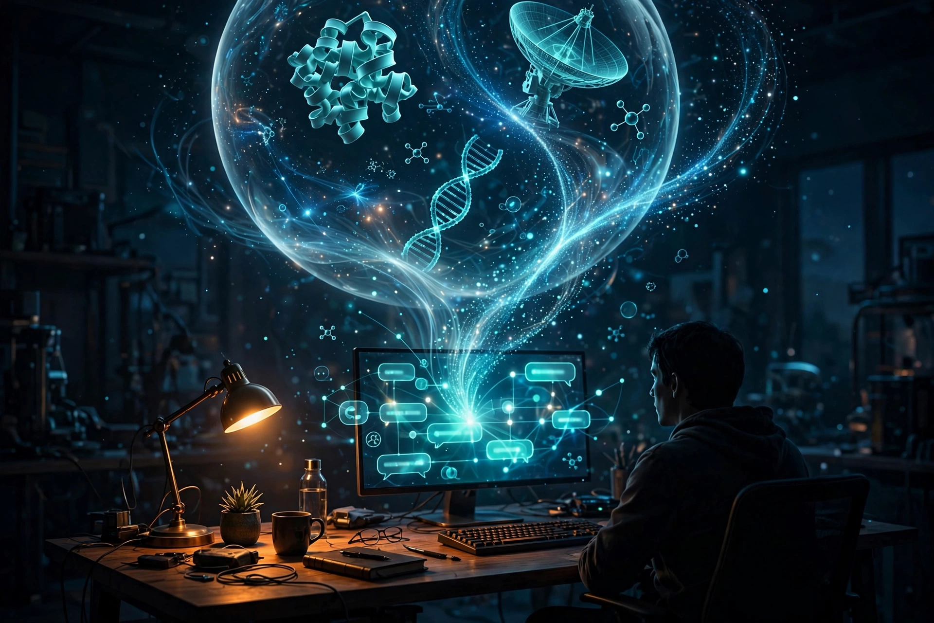 At night, a person works at a glowing desk monitor showing a chat AI interface, while luminous streams of light particles flow from the screen into a globe of scientific icons: a folding protein, a radio telescope, a DNA helix, a starfield