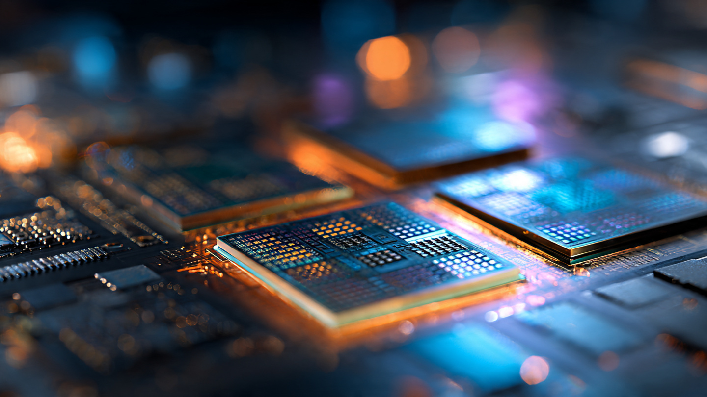 Abstract technical illustration of advanced semiconductor packaging with silicon interposers and chip stacking