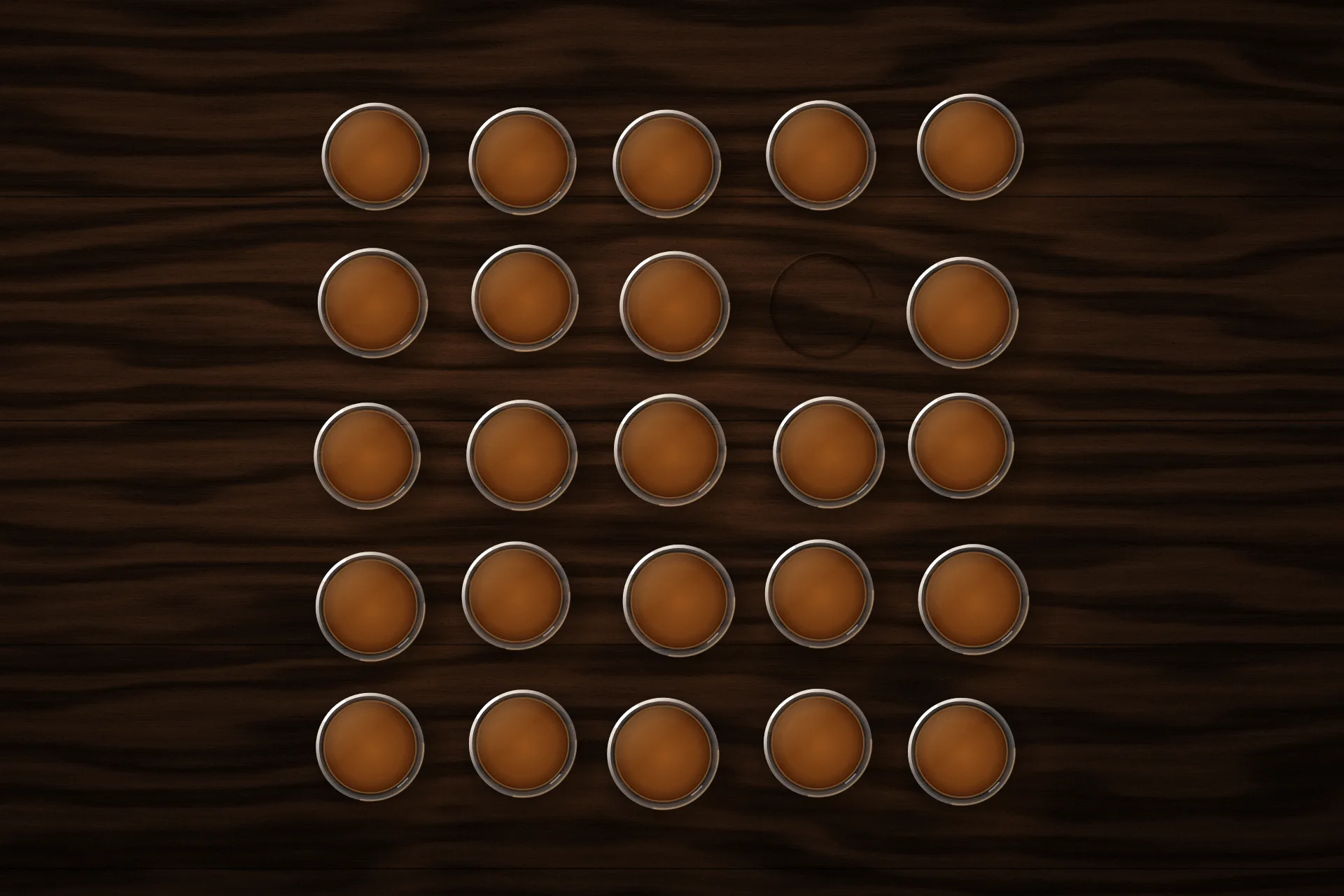 Illustration: twenty-four tumblers on a dark bar top, seen from above; where the twenty-fifth stood, only a ring on the wood.
