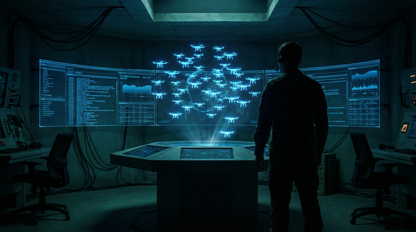 Dark military command center with holographic drone swarm visualization, blue data streams, and tactical displays