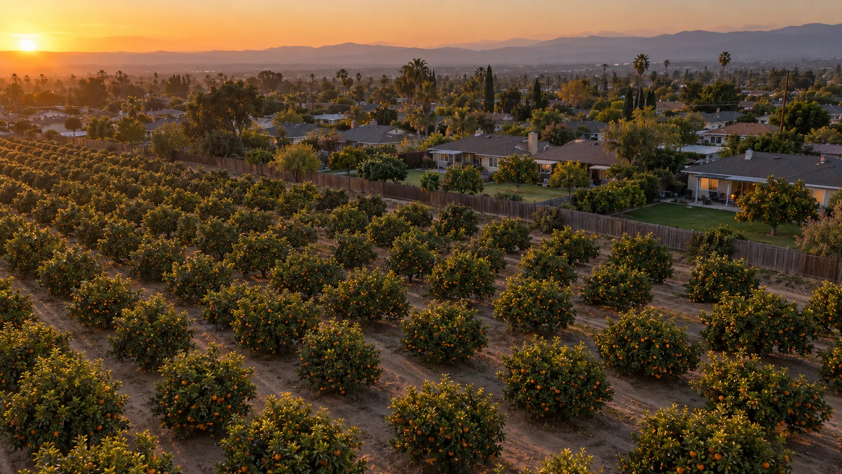 Aerial dusk view of a small citrus orchard grid meeting suburban backyards, rows of orange trees in warm evening light