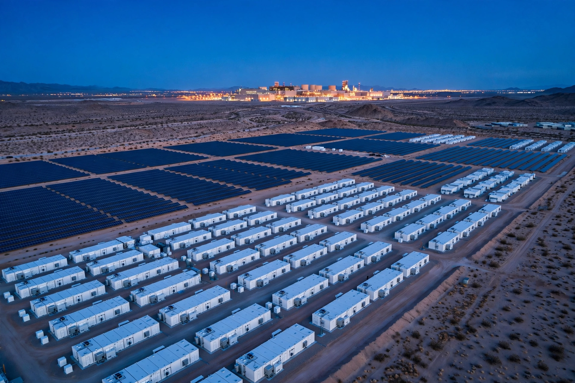 Rows of grid-scale battery containers at a solar farm at dusk, with a data center glowing on the horizon