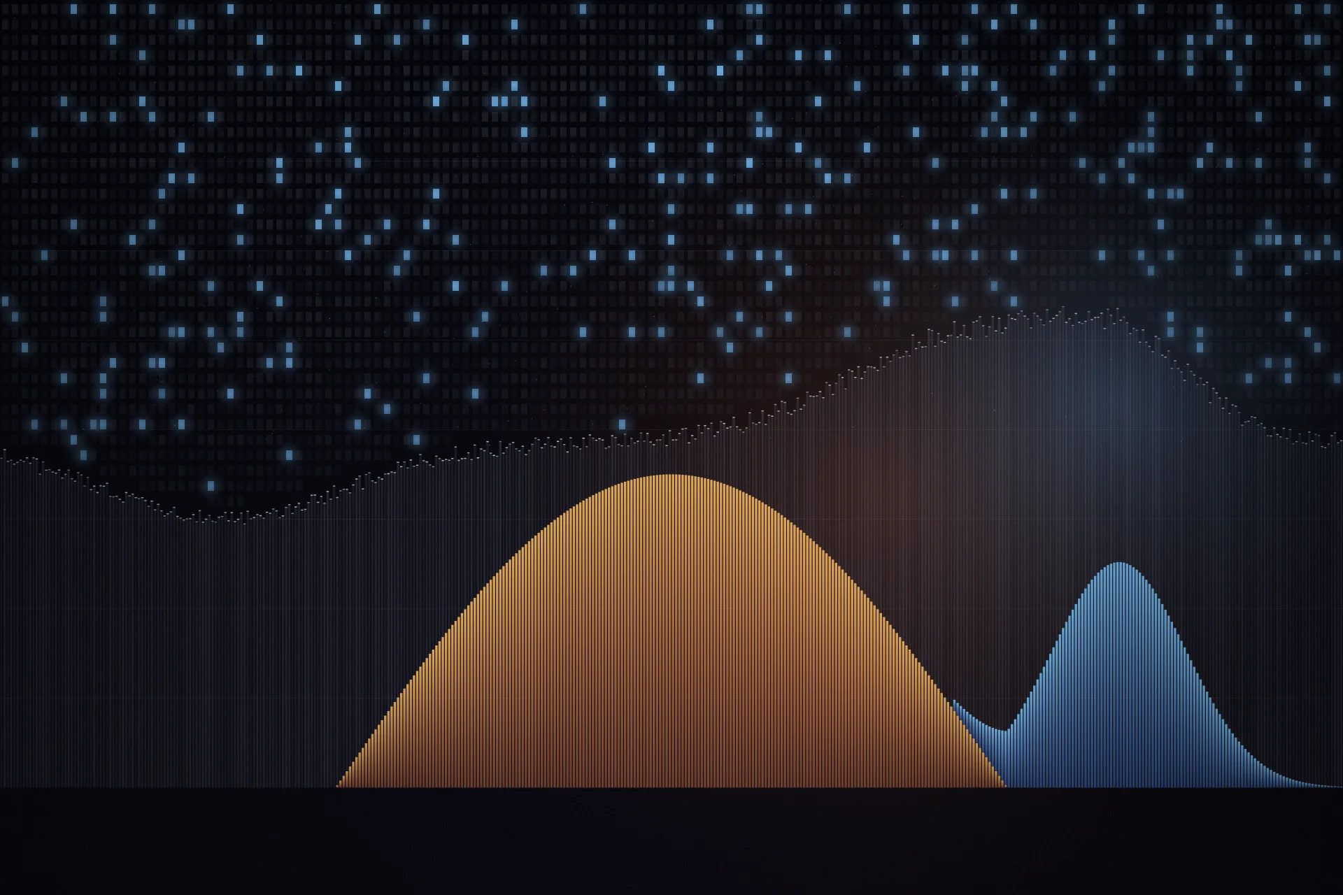 Generative illustration: a wall of thin vertical bars tracing a day of electricity demand, a warm solar band collapsing at sunset and a cool blue band of battery discharge rising to fill the evening