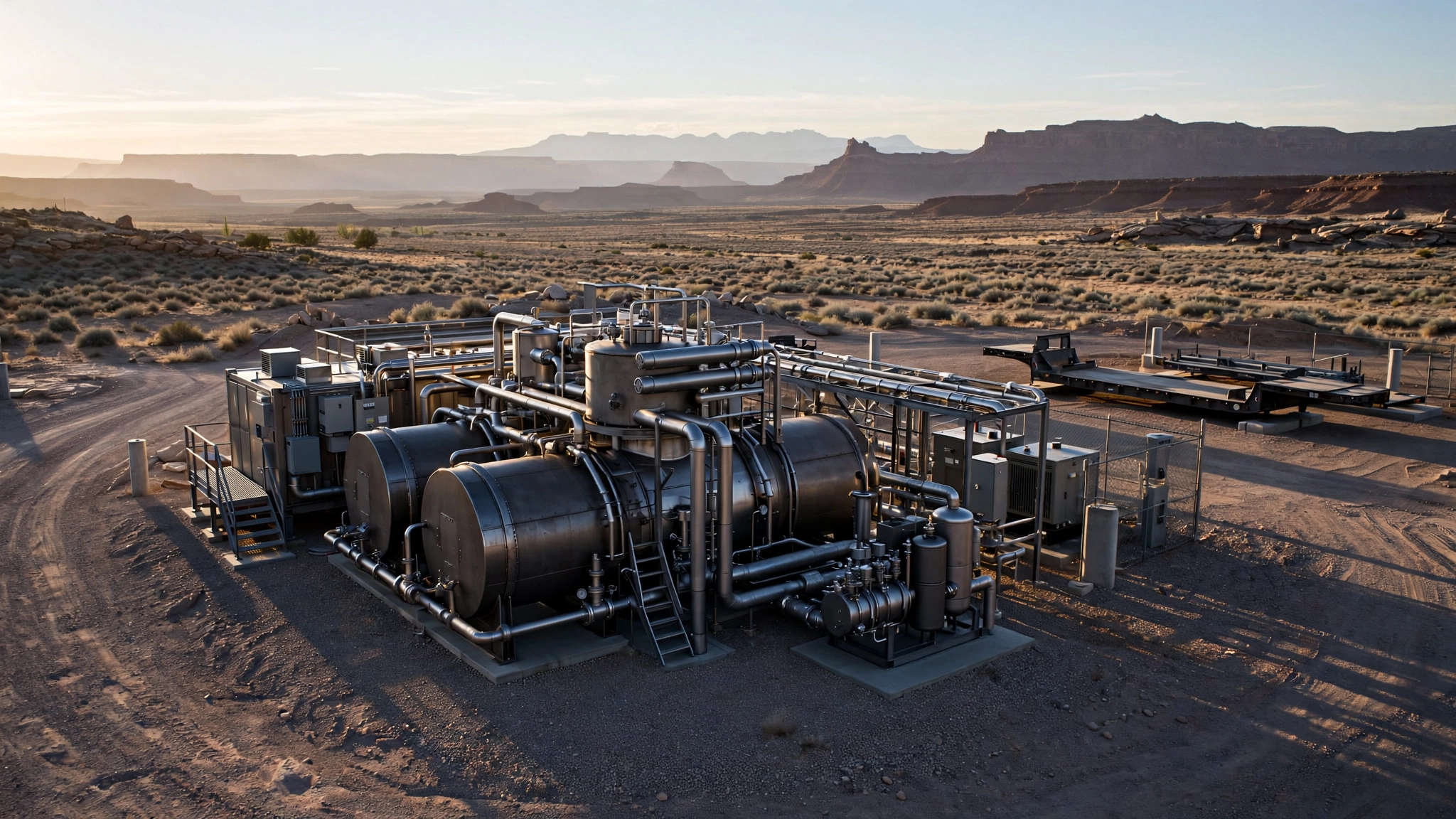 Compact modular nuclear reactor assembled from transported modules at an industrial energy lab site in the Utah desert