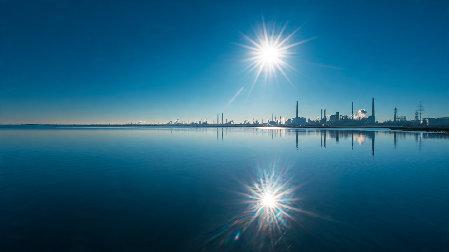 Clear blue sky over a coastline with silent smokestacks and intense heat shimmer rising from the ocean surface