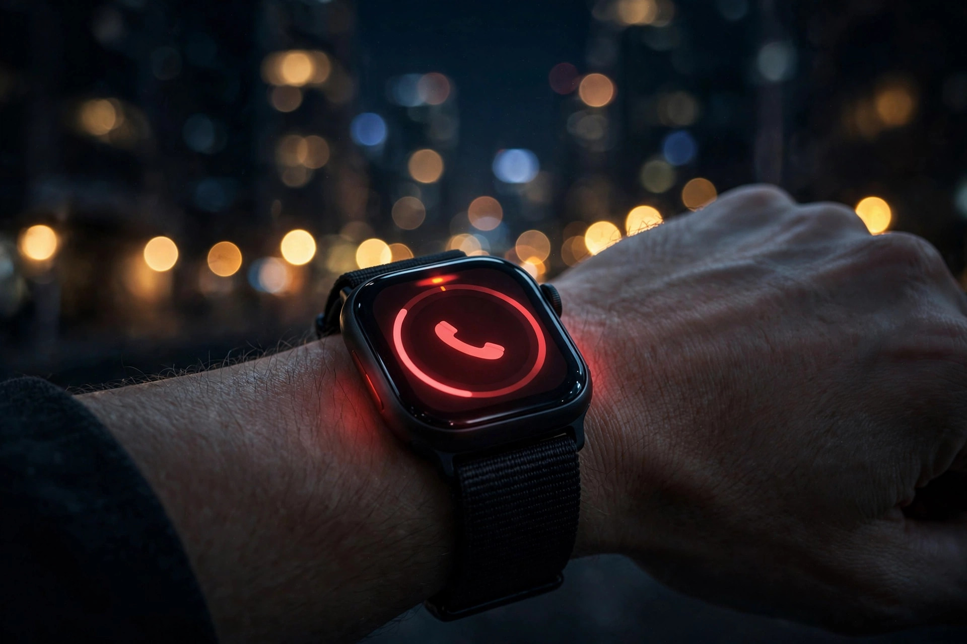 A smartwatch on a wrist at night with a soft red emergency-call glow on the watch face, dark editorial city bokeh behind it