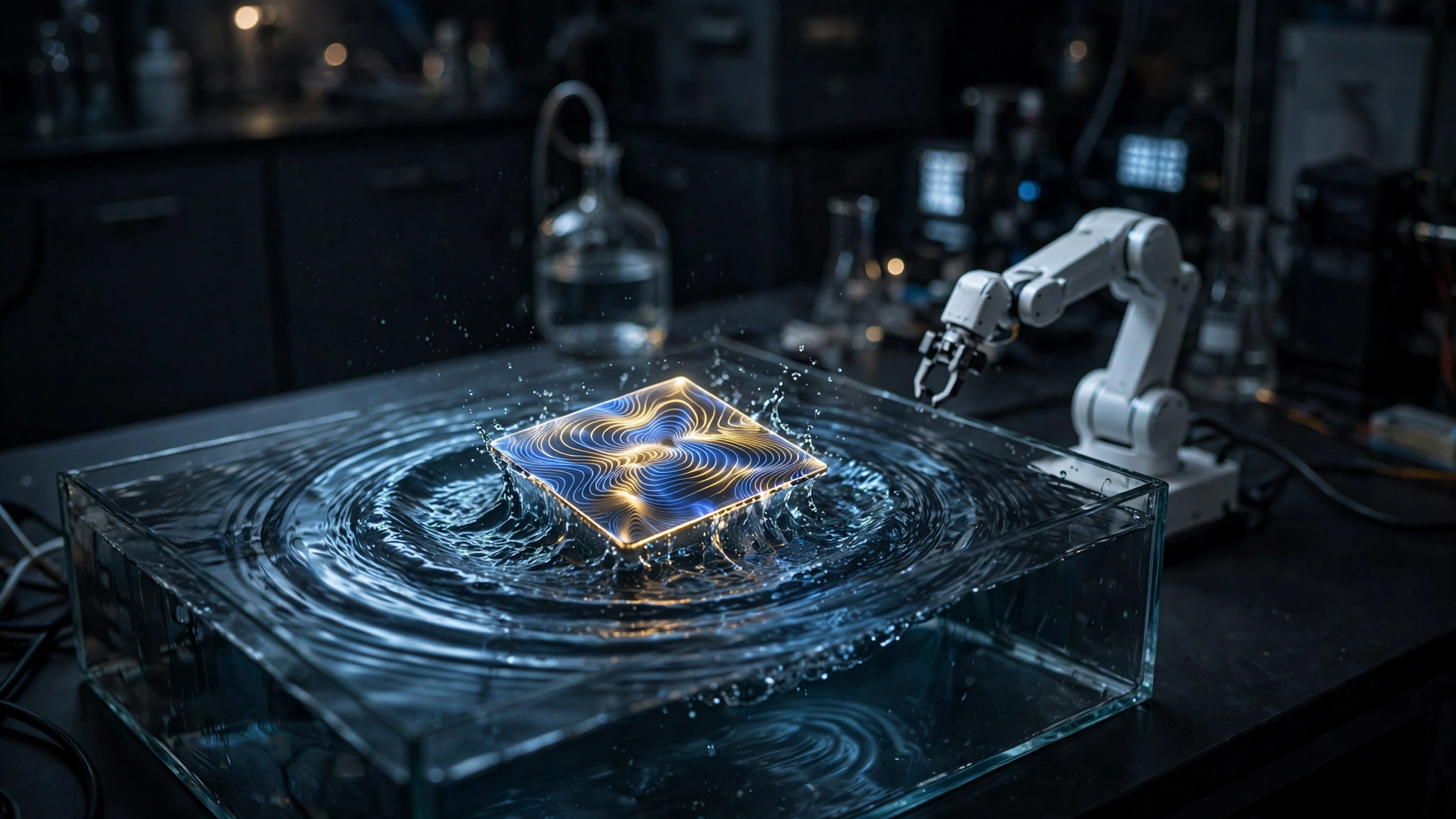 A glass water tank with expanding ripple rings beside a white robot arm, a glowing chip patterned with blue and gold spin-wave interference rising from the water