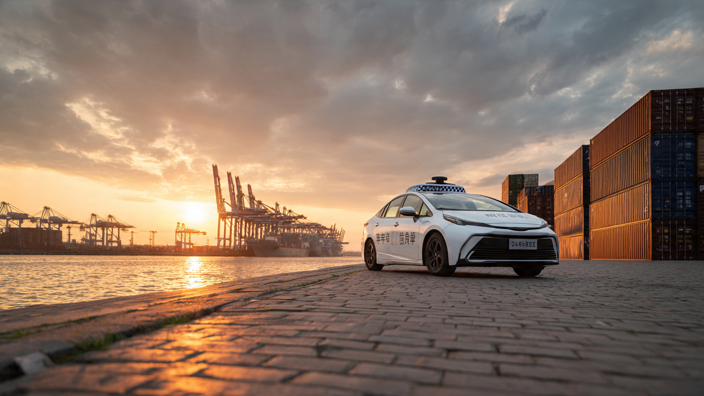 A sleek white purpose-built autonomous vehicle with visible rooftop sensor arrays at a modern urban curb, with global supply chain imagery in soft focus background