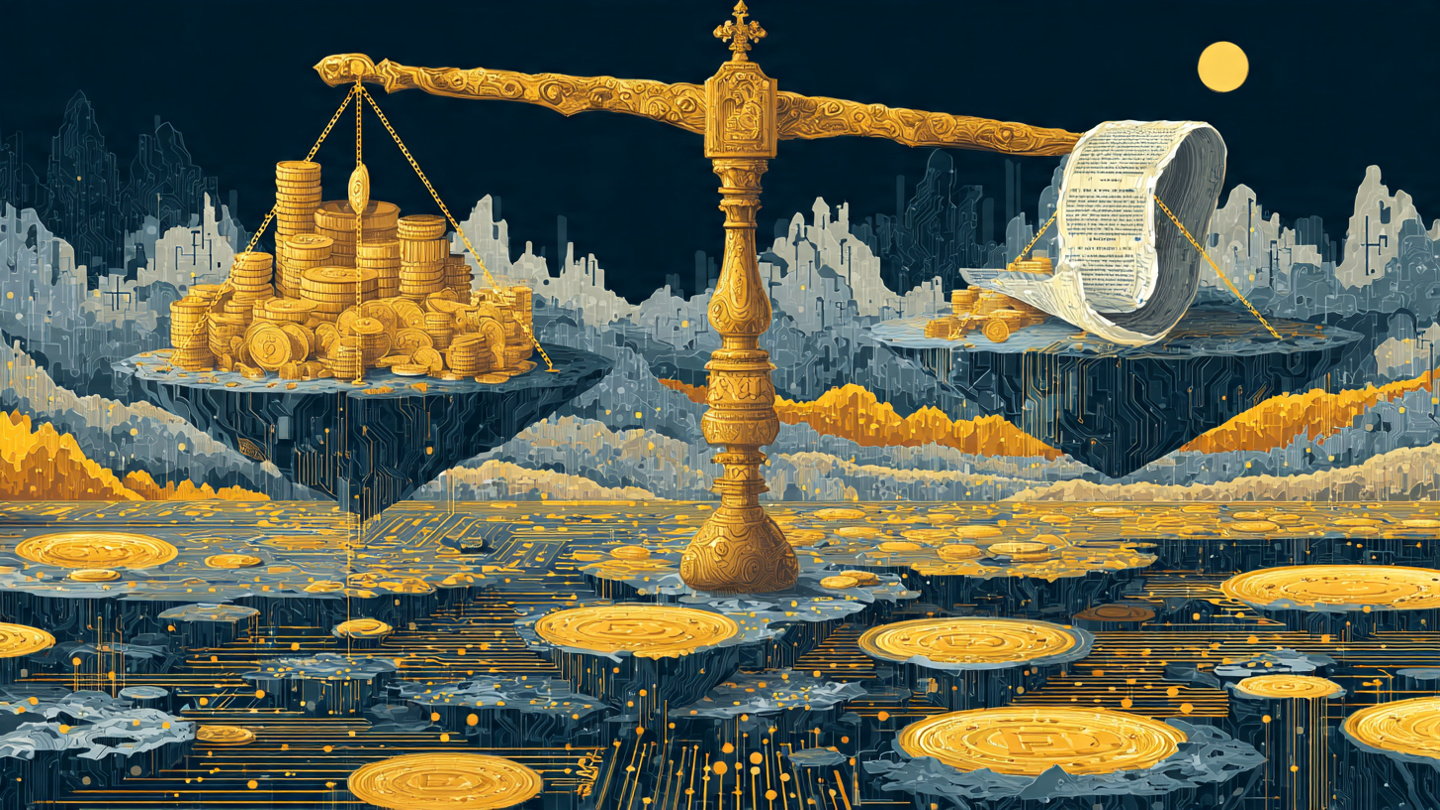 Abstract visualization of a crystalline scale balancing wealth and regulation over a digital landscape