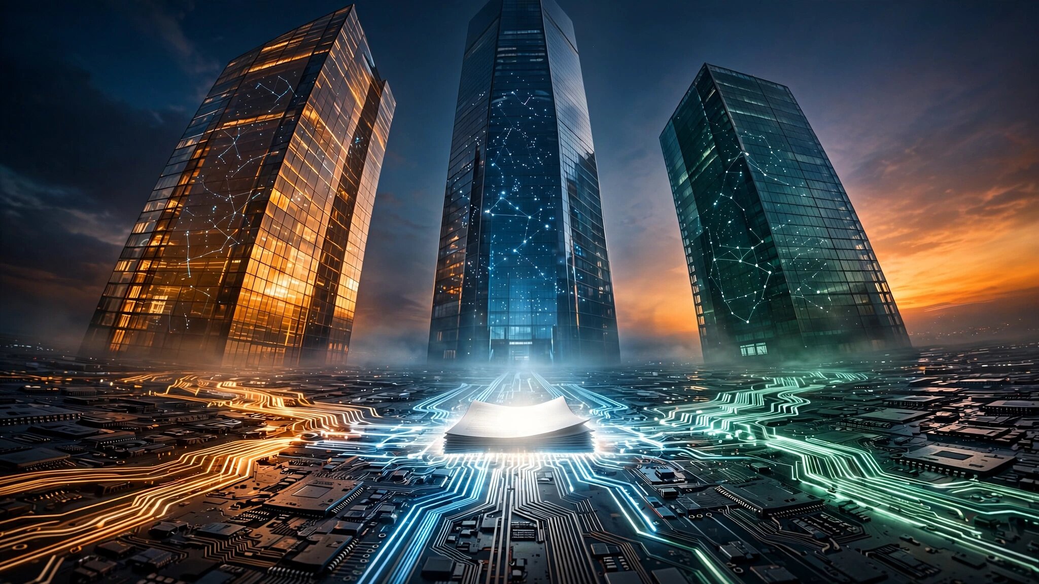 Abstract visualization of towering glass structures on a circuit board landscape at dawn