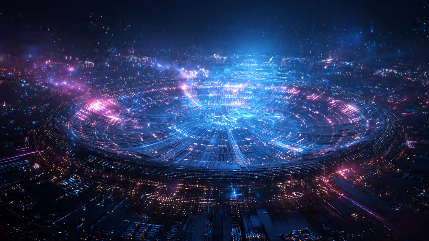 Abstract visualization of AI compute infrastructure converging into a gravitational center with capital streams flowing inward