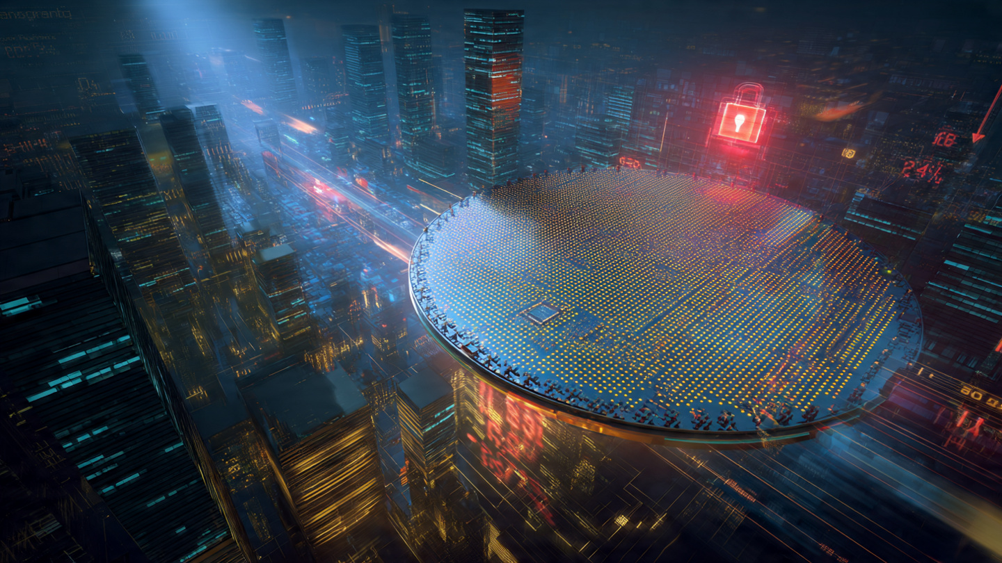 Abstract visualization of a semiconductor wafer floating in a trading floor environment with data streams flowing between corporate structures