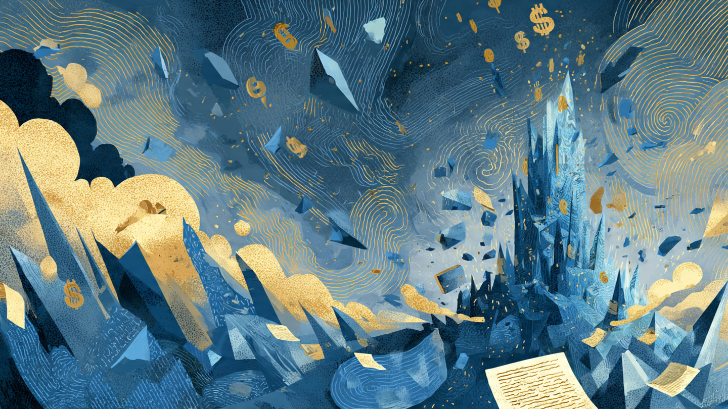 Abstract visualization of crystalline AI infrastructure rising from data streams