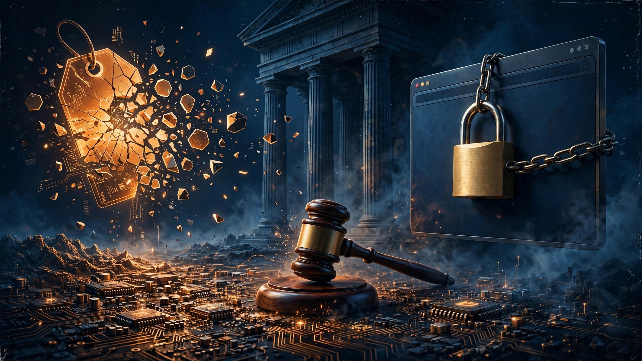 A golden price tag shattering into digital fragments, a judge's gavel before courthouse columns, and a web browser window sealed shut by a padlock, over a circuit-board horizon