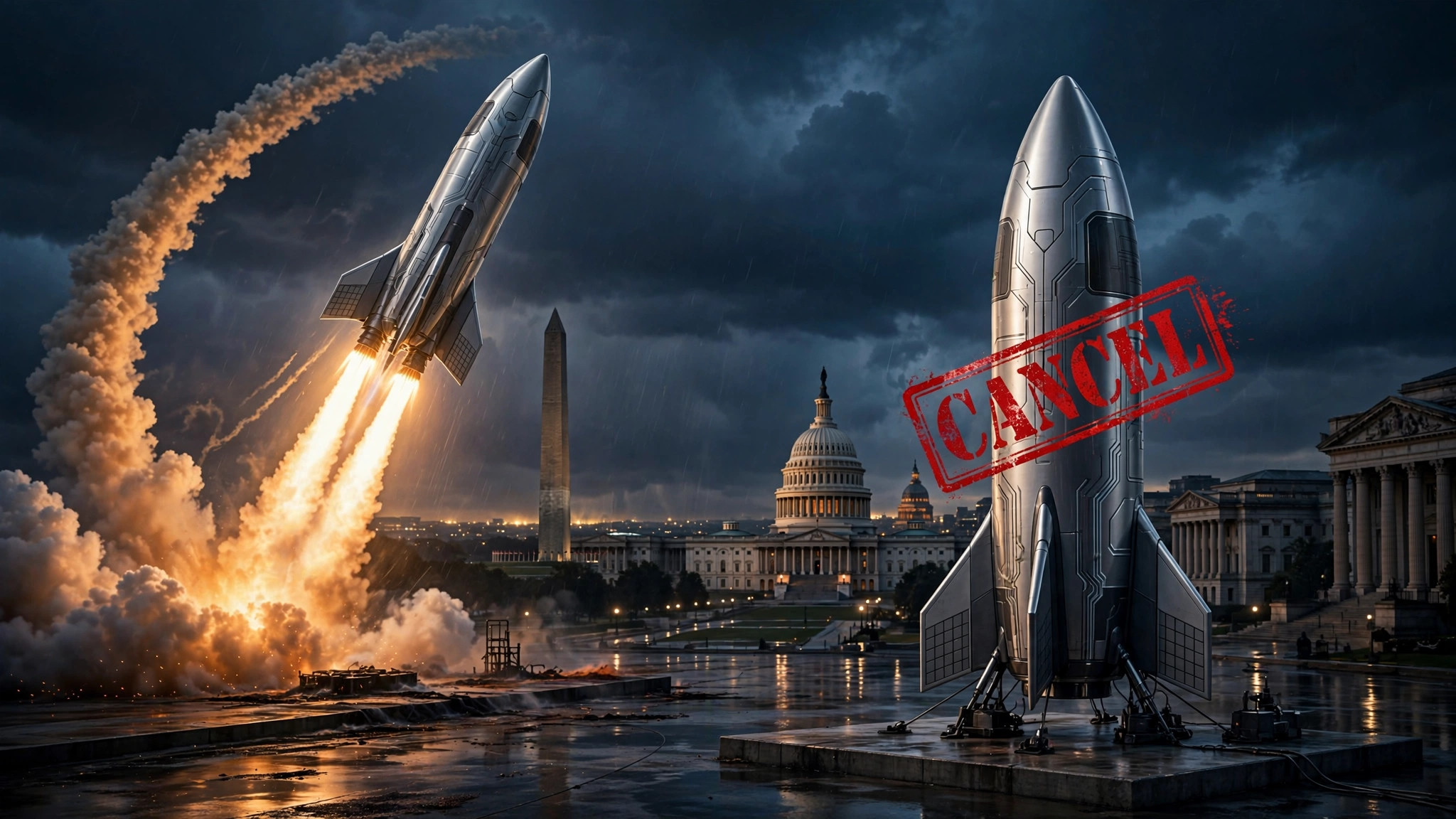 A new AI model rocket launching upward while a second rocket is grounded with a red cancel stamp, and Washington monuments and courthouses loom in the background