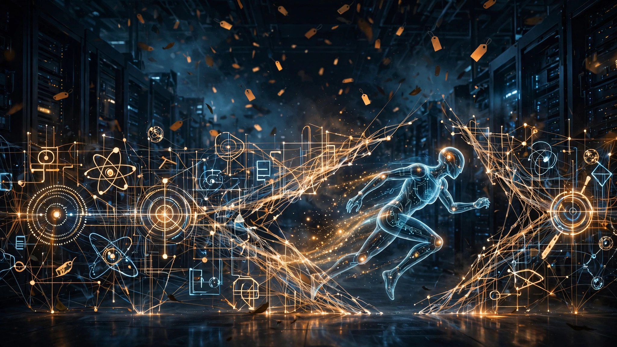 A research agent slipping through a glowing network fence made of domain names while data-center price tags tumble downward in the background