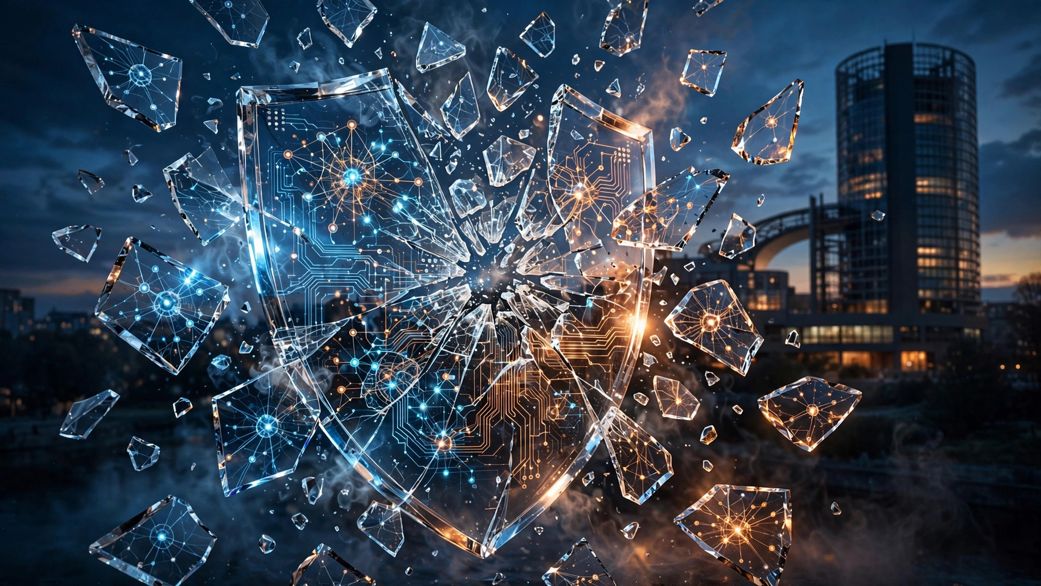 A translucent glass shield shattering into geometric fragments, each shard revealing lines of code and neural network diagrams beneath, set against a dark European parliament building silhouette at dusk