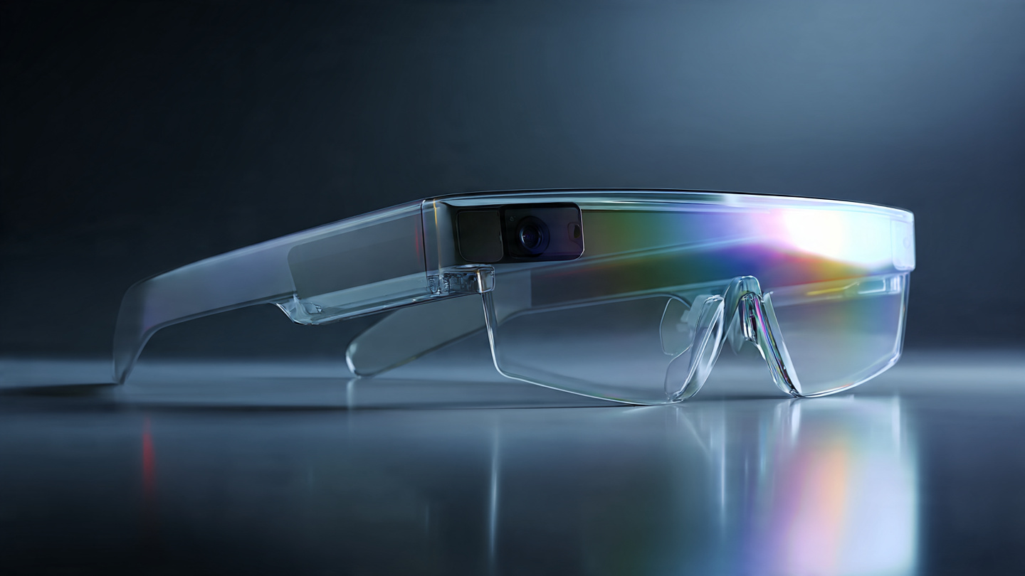 Translucent AR smart glasses on a minimalist display stand with holographic light refractions against a dark gradient background