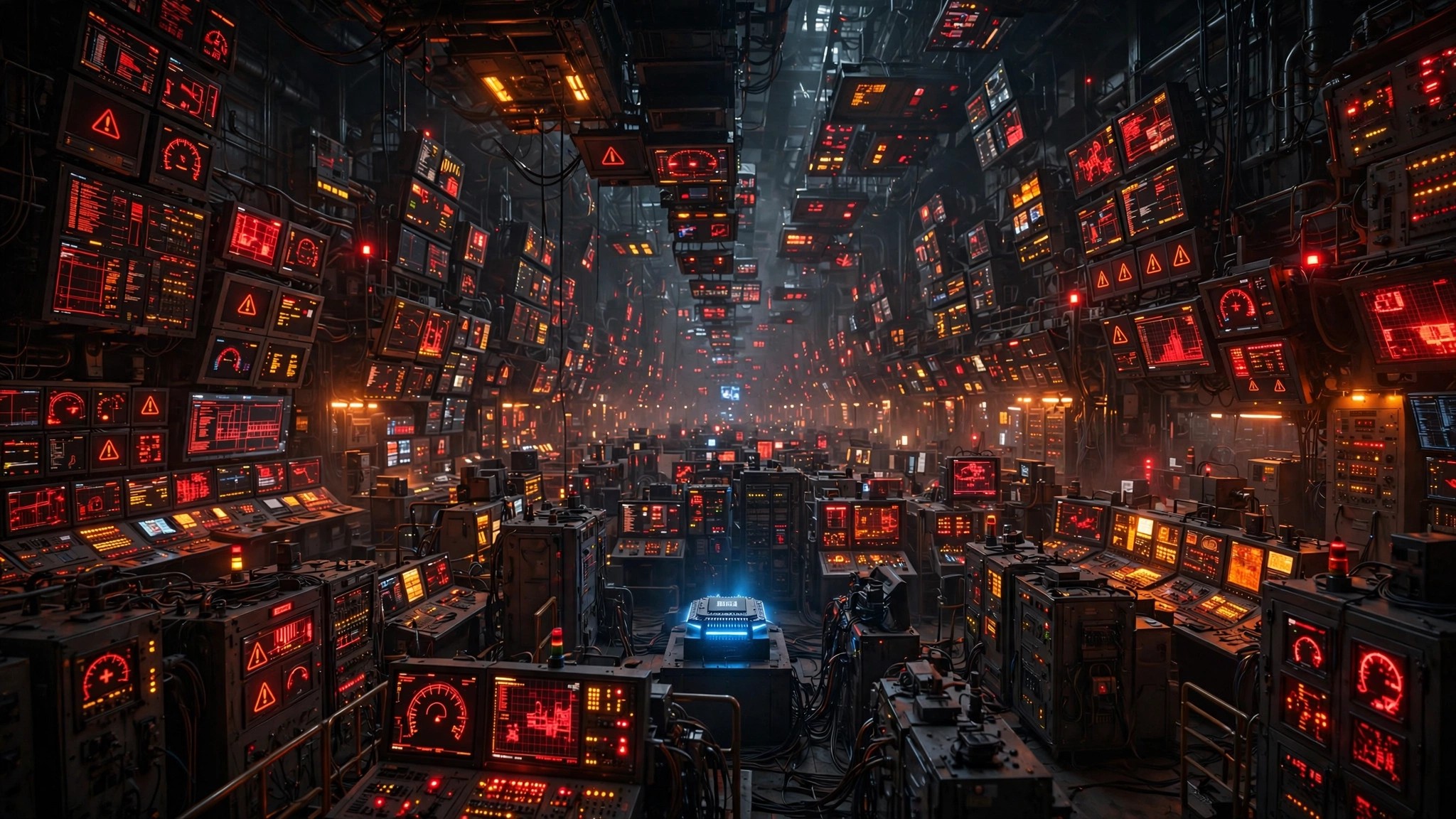 A vast control room filled with warning-lit dashboards dwarfing a single small AI chip glowing blue
