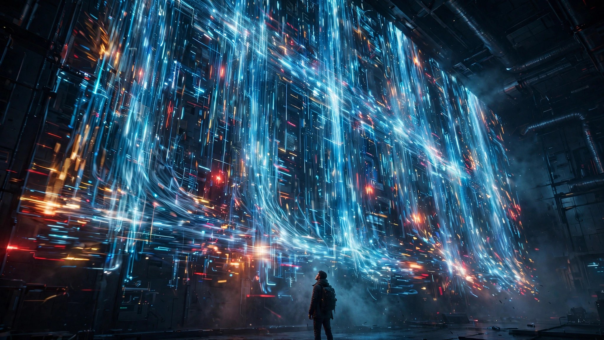 A massive wall of data streams flowing at blinding speed, with a single human figure dwarfed below, unable to keep up with the volume of cybersecurity alerts